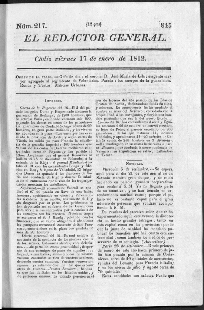 Miniatura de Redactor General del viernes 17 de enero 1812