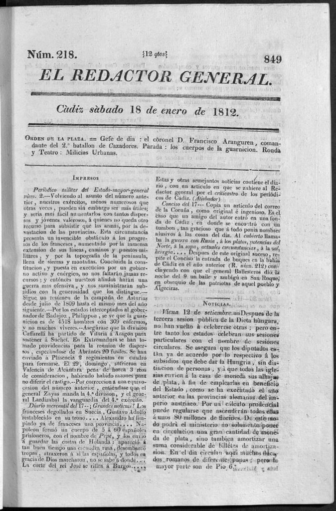 Miniatura de Redactor General del sábado 18 de enero 1812