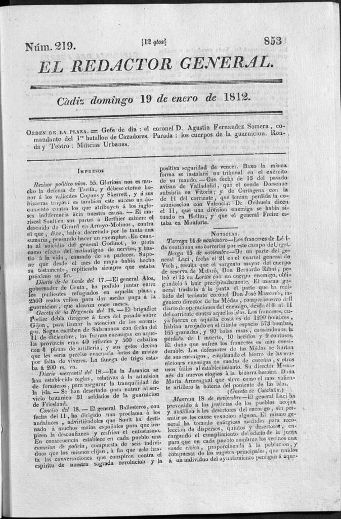 Miniatura de Redactor General del domingo 19 de enero 1812