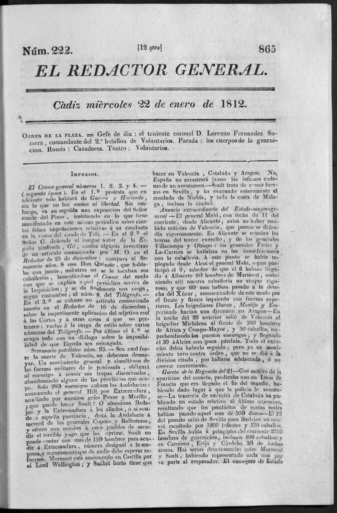 Miniatura de Redactor General del miércoles 22 de enero 1812