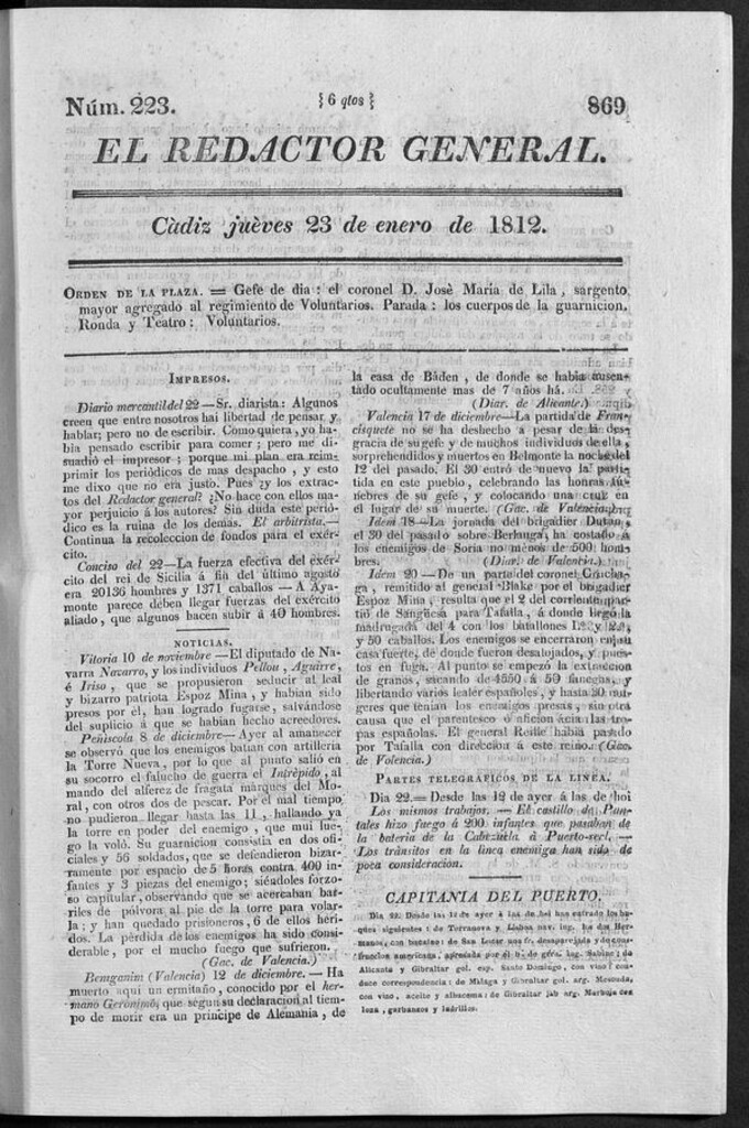 Miniatura de Redactor General del jueves 23 de enero 1812