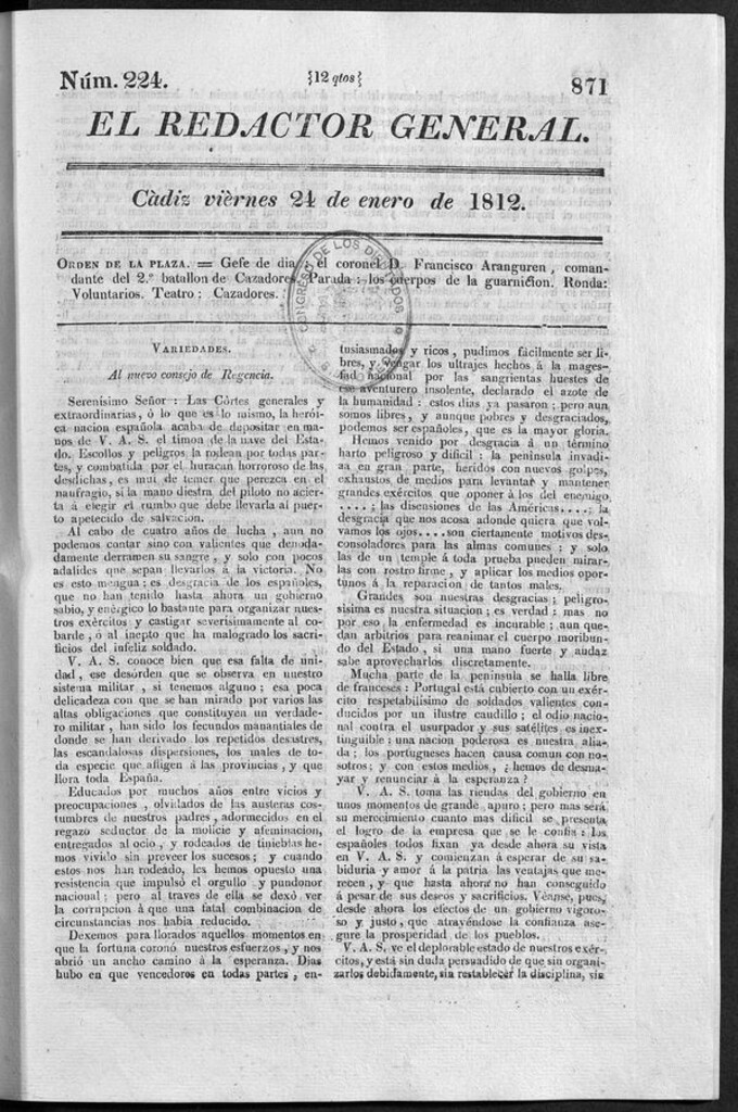 Miniatura de Redactor General del viernes 24 de enero 1812