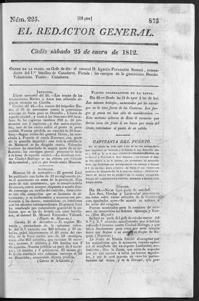 Miniatura de Redactor General del sábado 25 de enero 1812