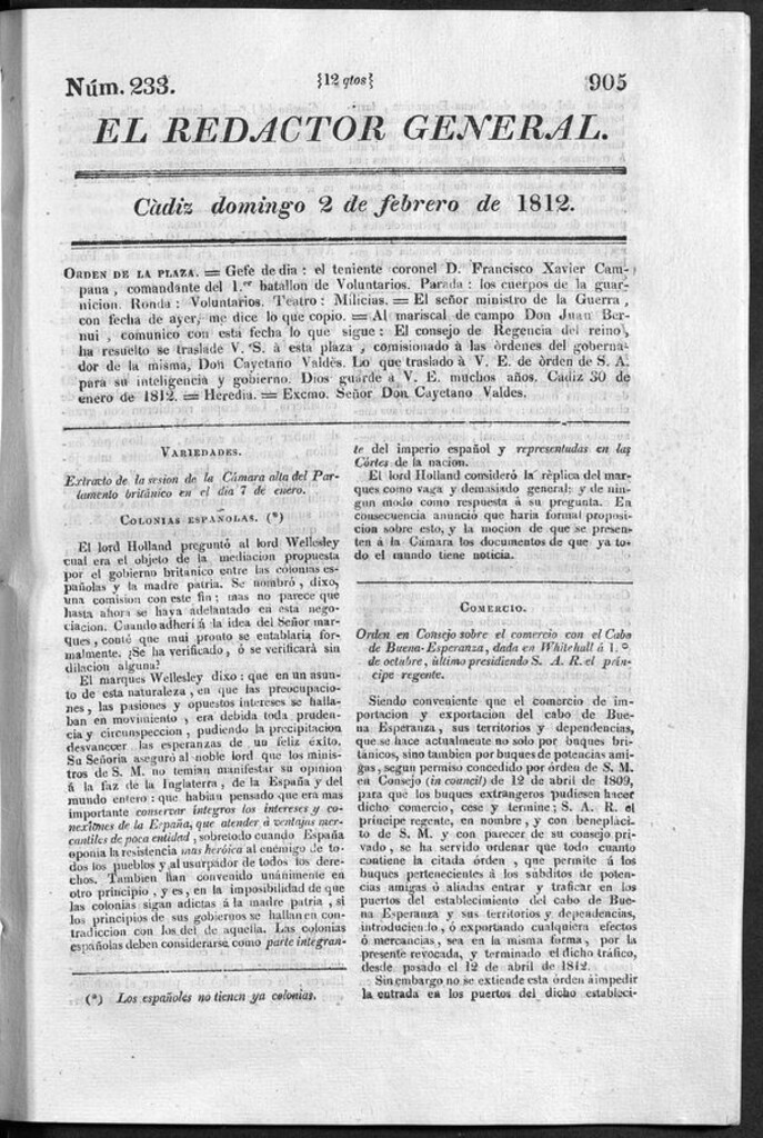 Miniatura de Redactor General del domingo 2 de febrero 1812