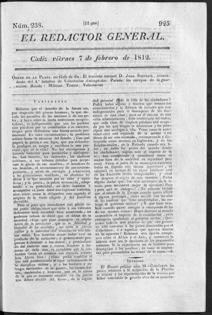 Miniatura de Redactor General del viernes 7 de febrero 1812