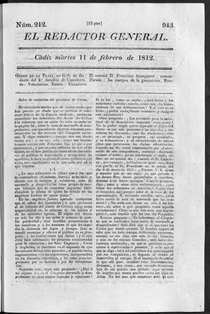 Miniatura de Redactor General del martes 11 de febrero 1812