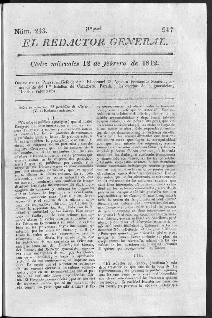Miniatura de Redactor General del miércoles 12 de febrero 1812