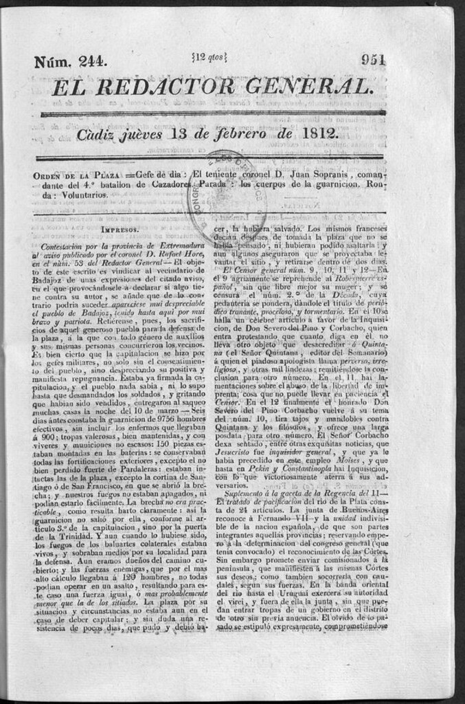 Miniatura de Redactor General del jueves 13 de febrero 1812