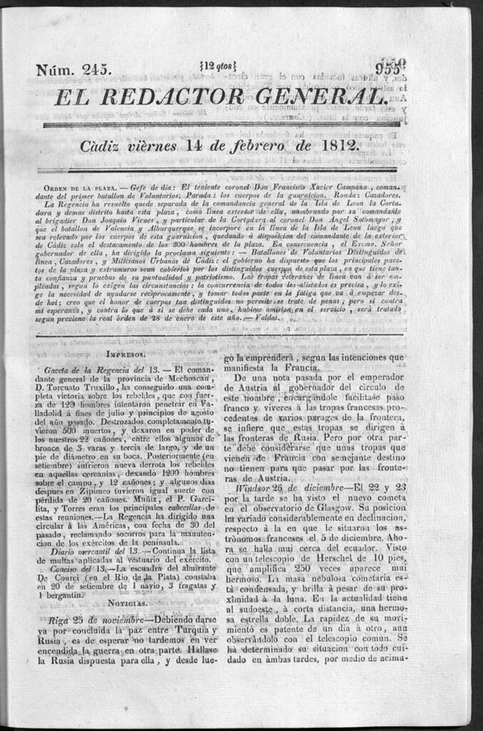Miniatura de Redactor General del viernes 14 de febrero 1812