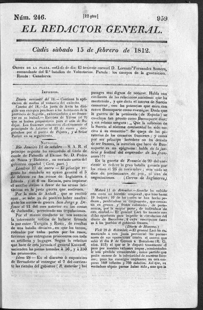 Miniatura de Redactor General del sábado 15 de febrero 1812