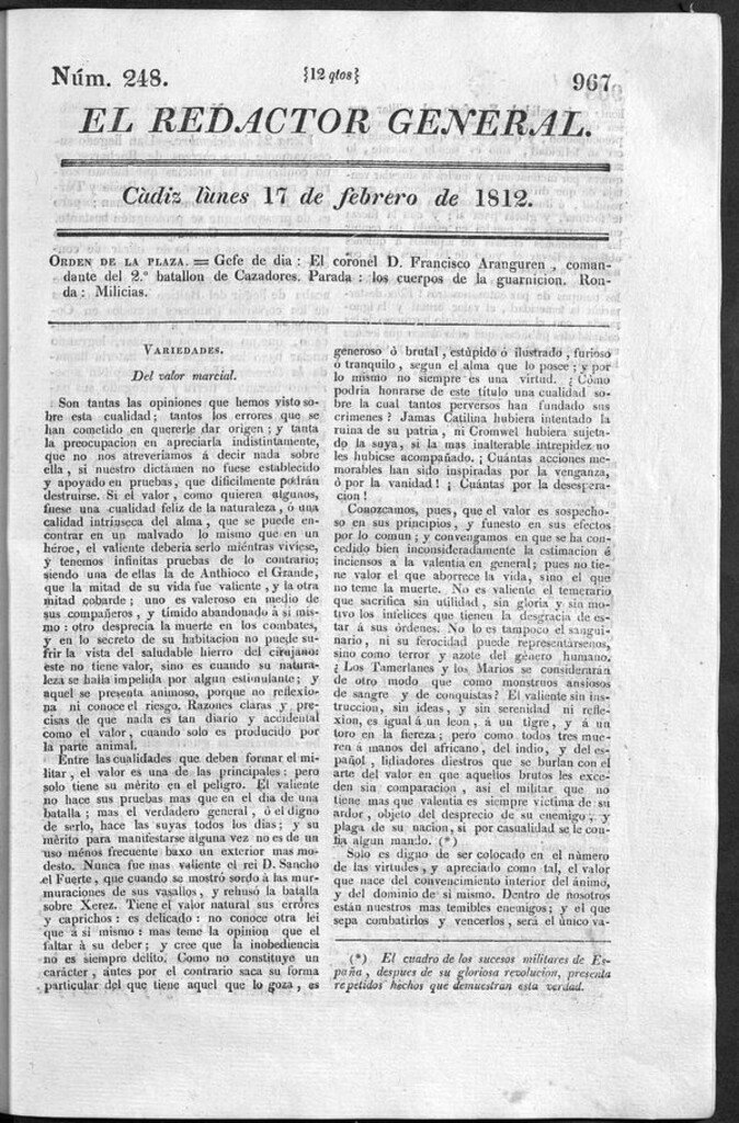 Miniatura de Redactor General del lunes 17 de febrero 1812