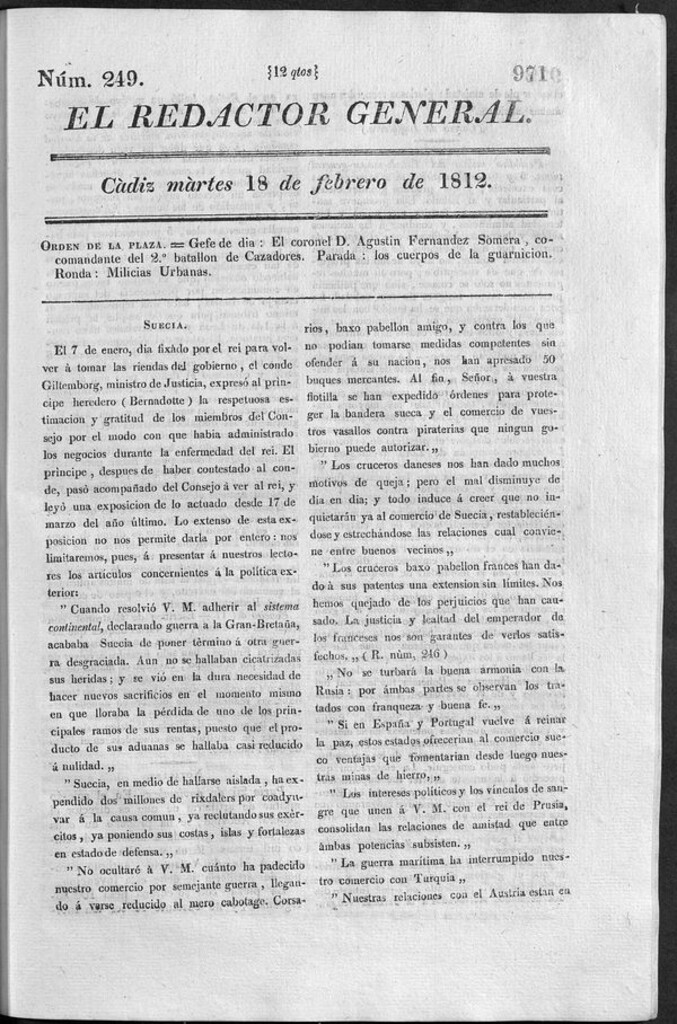 Miniatura de Redactor General del martes 18 de febrero 1812