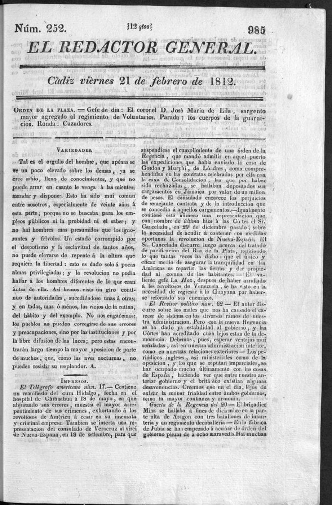 Miniatura de Redactor General del viernes 21 de febrero 1812