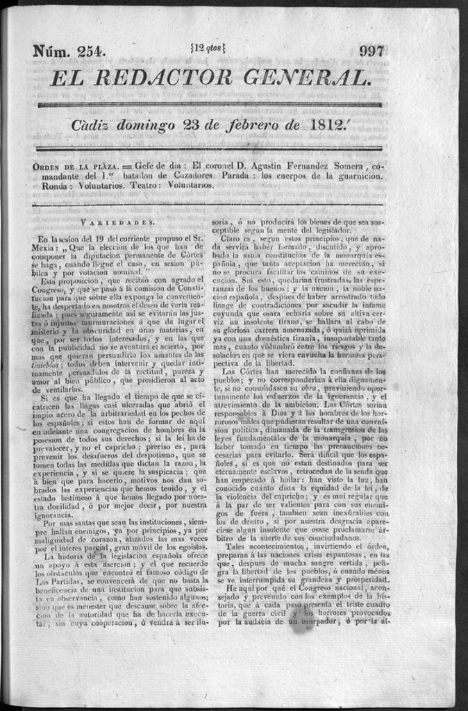 Miniatura de Redactor General del domingo 23 de febrero 1812