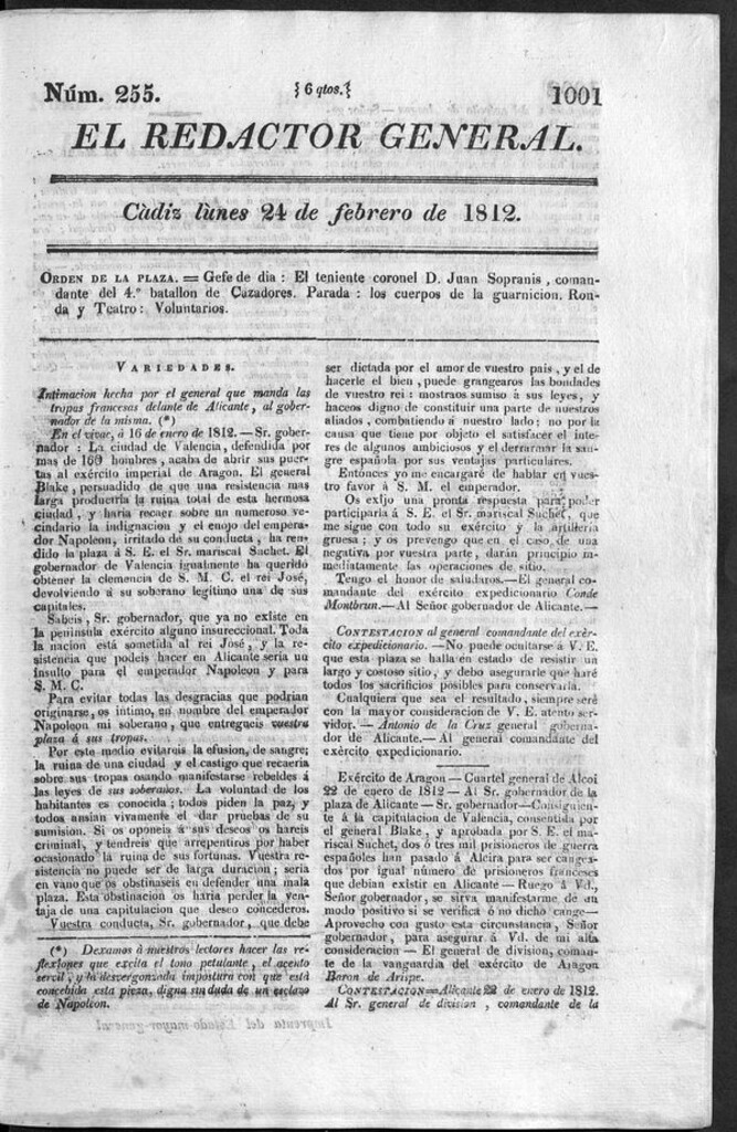 Miniatura de Redactor General del lunes 24 de febrero 1812
