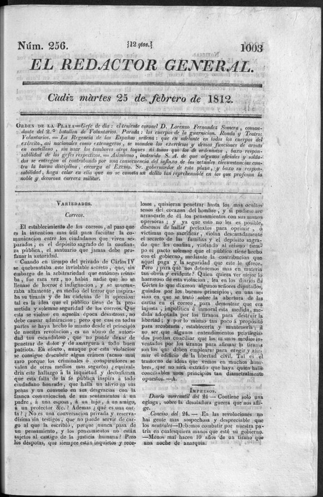 Miniatura de Redactor General del martes 25 de febrero 1812