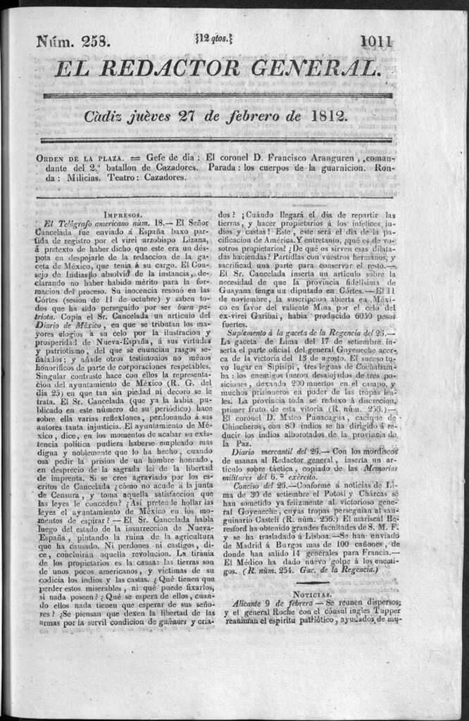 Miniatura de Redactor General del jueves 27 de febrero 1812