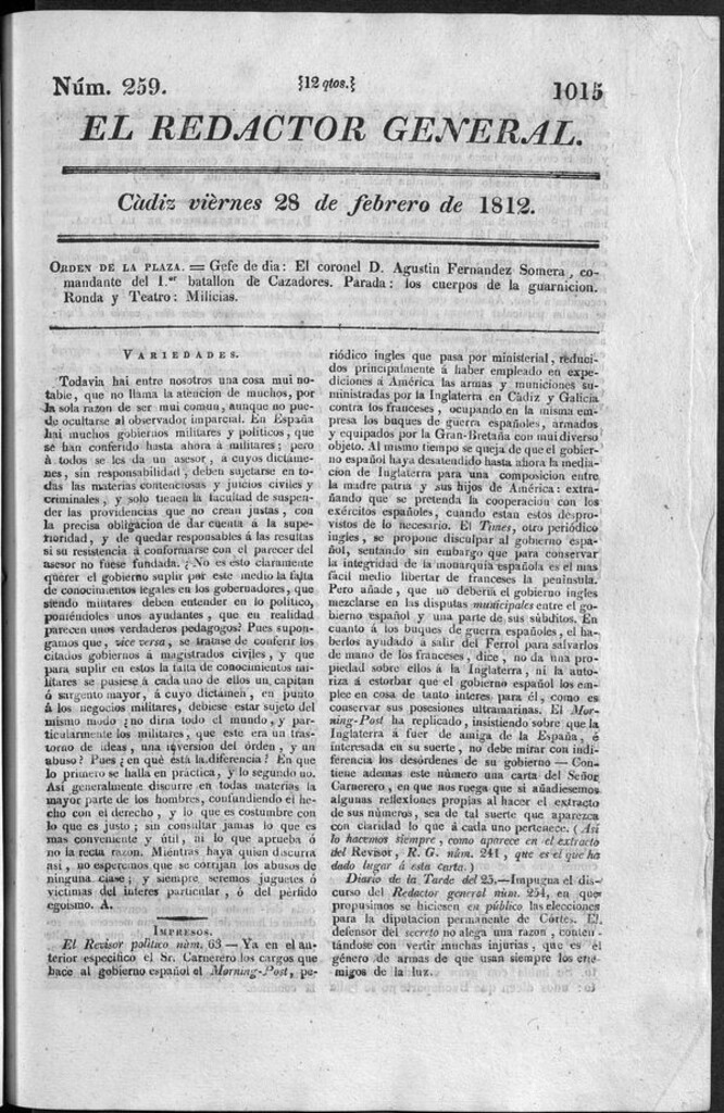 Miniatura de Redactor General del viernes 28 de febrero 1812