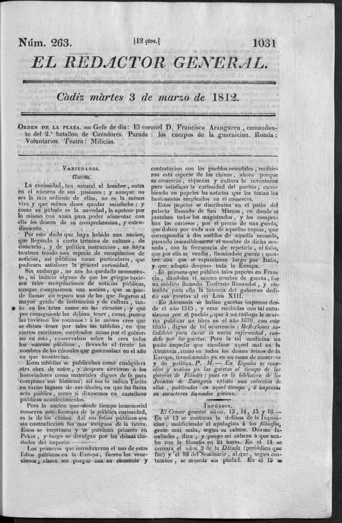 Miniatura de Redactor General del martes 3 de marzo 1812
