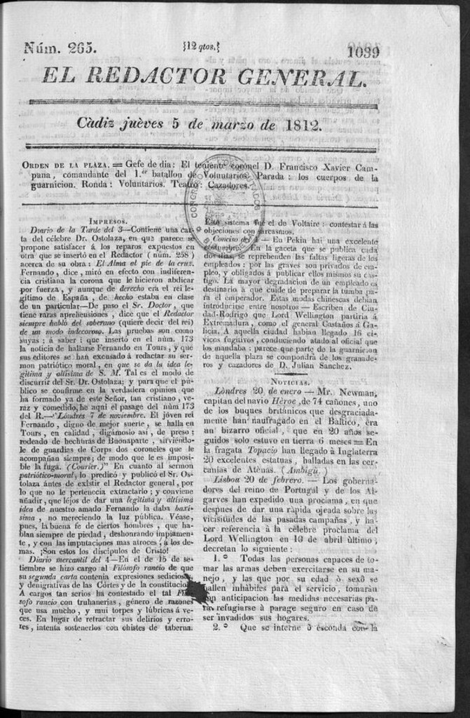 Miniatura de Redactor General del jueves 5 de marzo 1812