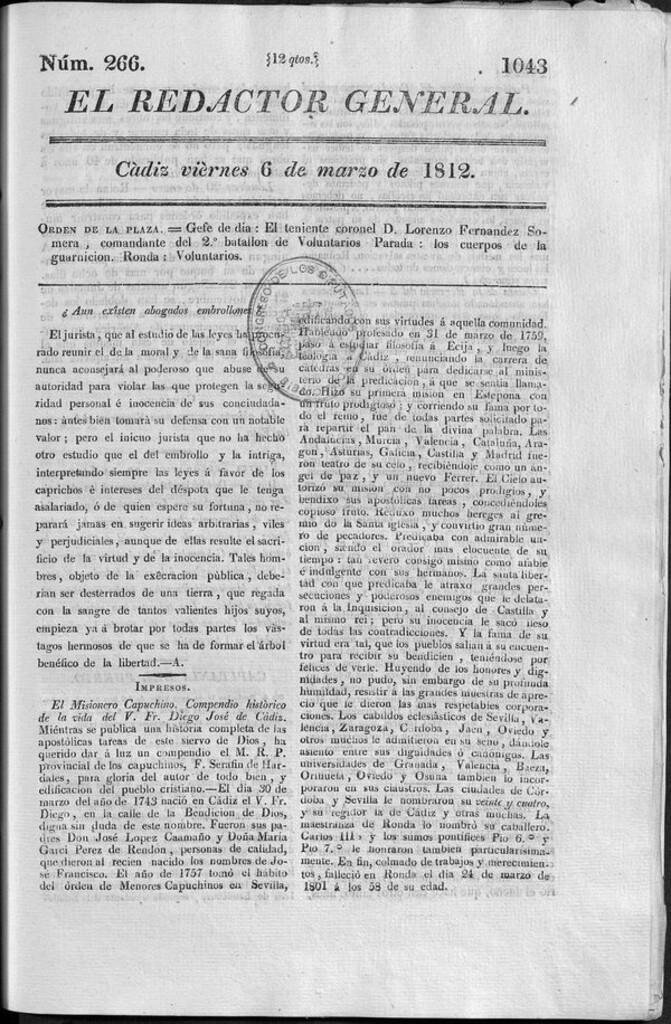 Miniatura de Redactor General del viernes 6 de marzo 1812