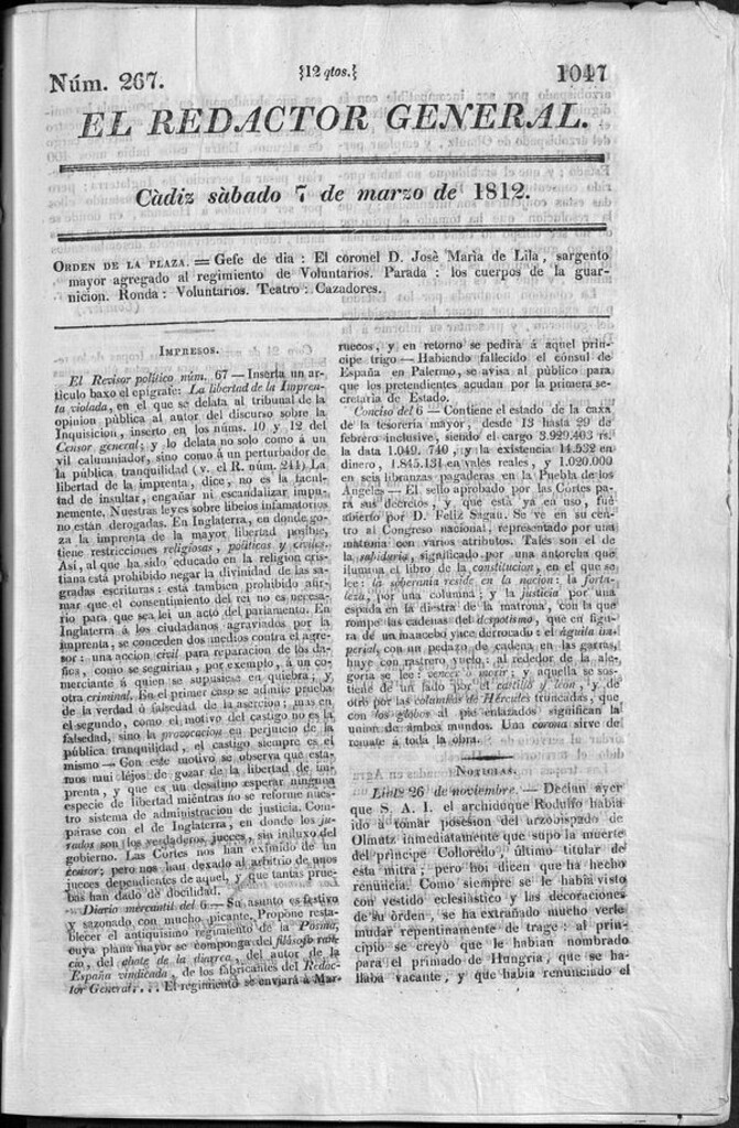 Miniatura de Redactor General del sábado 7 de marzo 1812