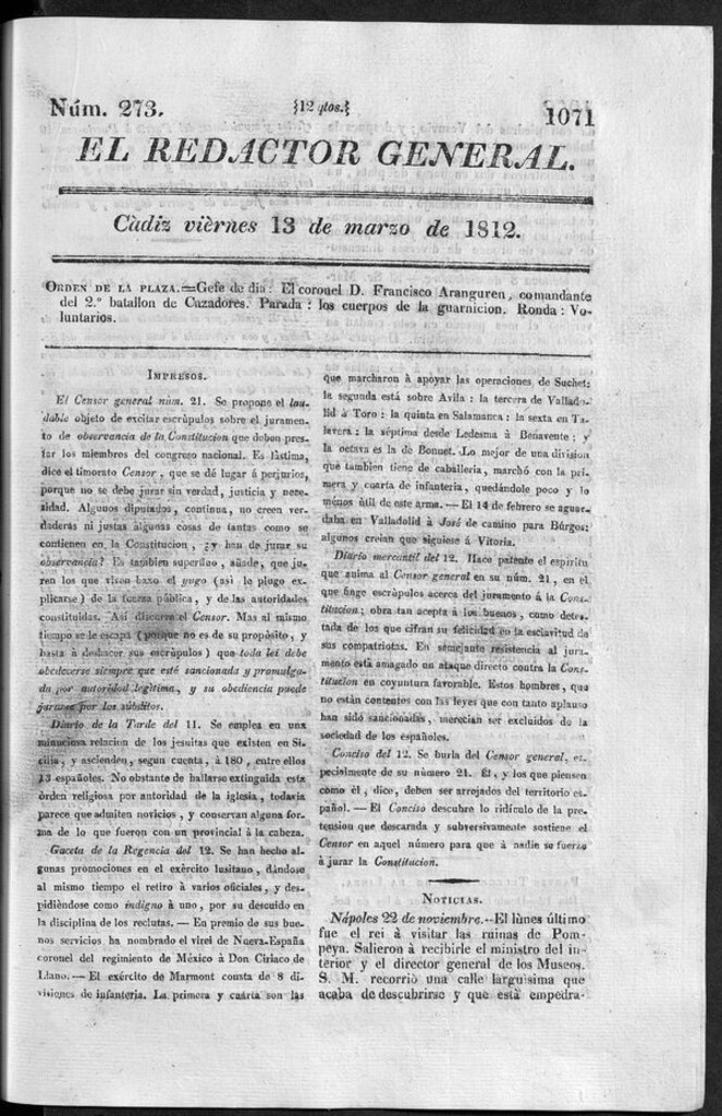 Miniatura de Redactor General del viernes 13 de marzo 1812