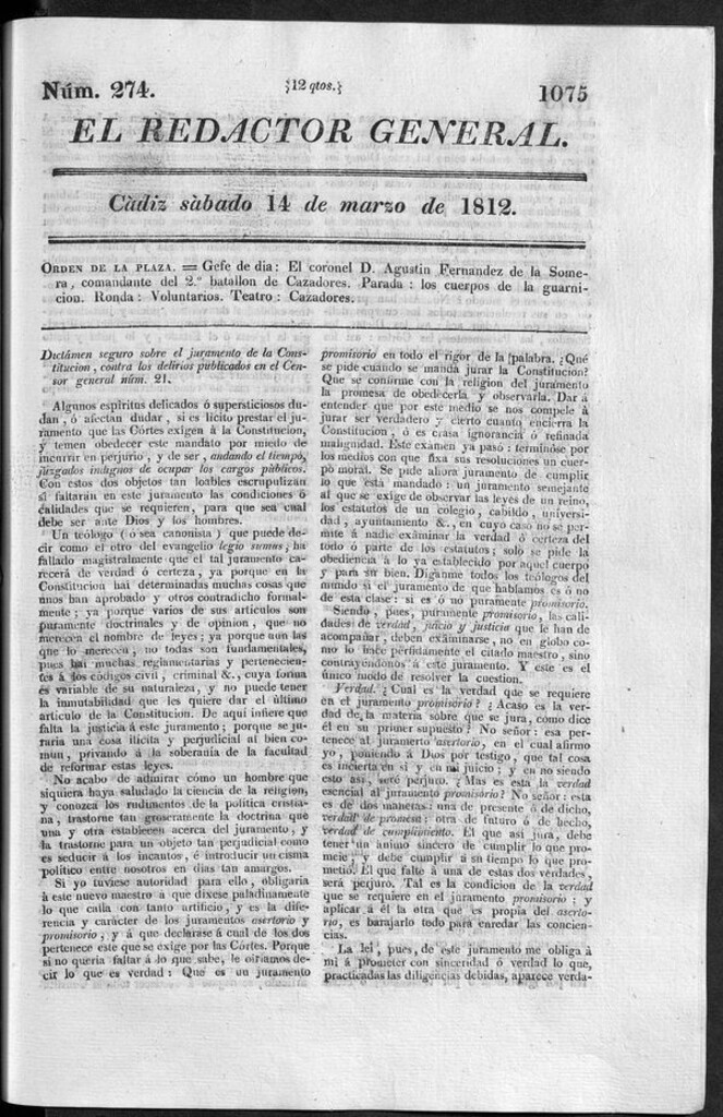 Miniatura de Redactor General del sábado 14 de marzo 1812