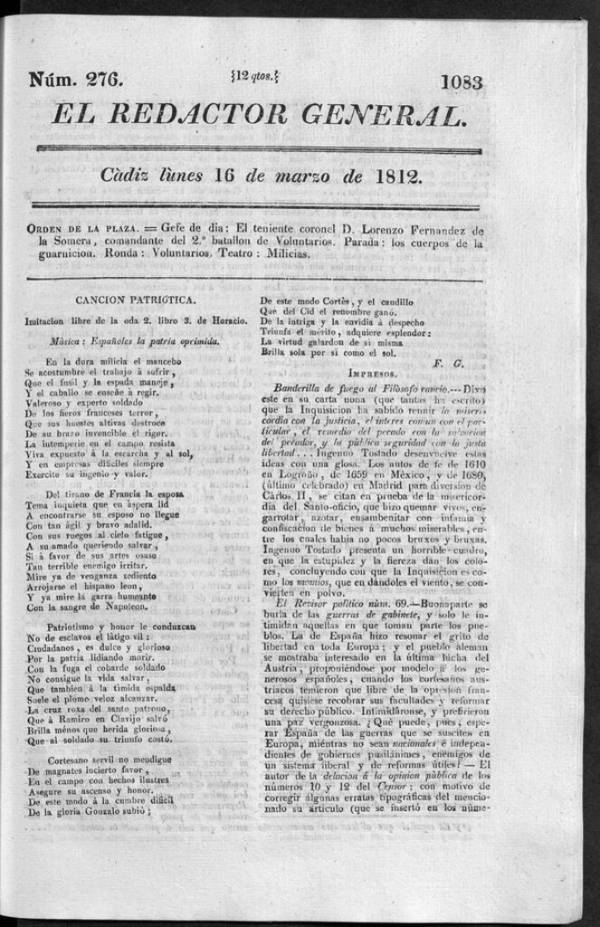 Miniatura de Redactor General del lunes 16 de marzo 1812