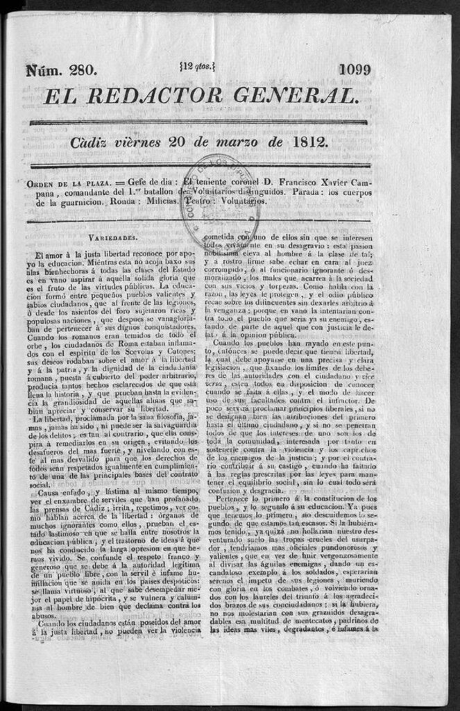 Miniatura de Redactor General del viernes 20 de marzo 1812