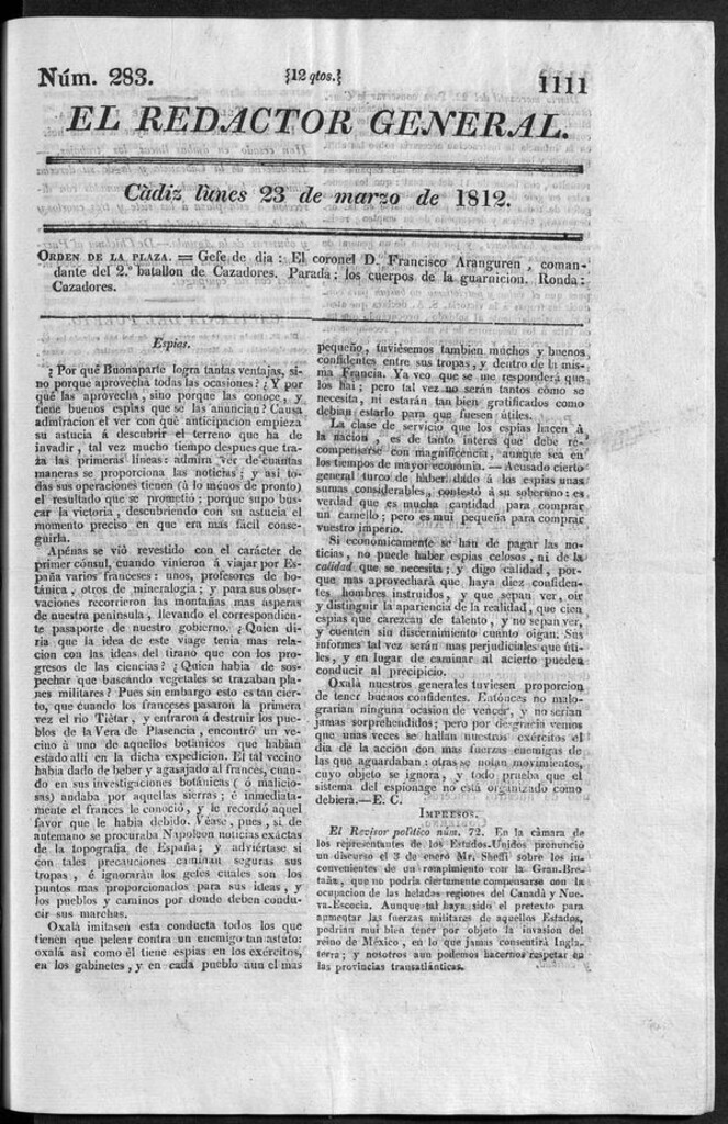 Miniatura de Redactor General del lunes 23 de marzo 1812