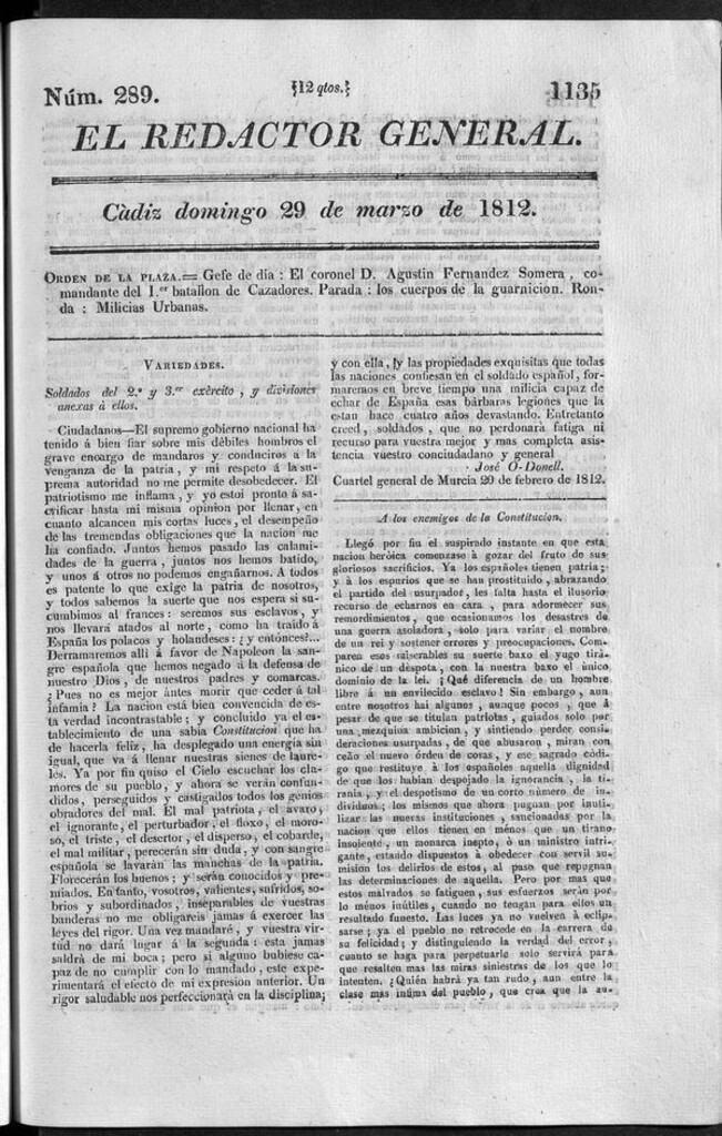 Miniatura de Redactor General del domingo 29 de marzo 1812