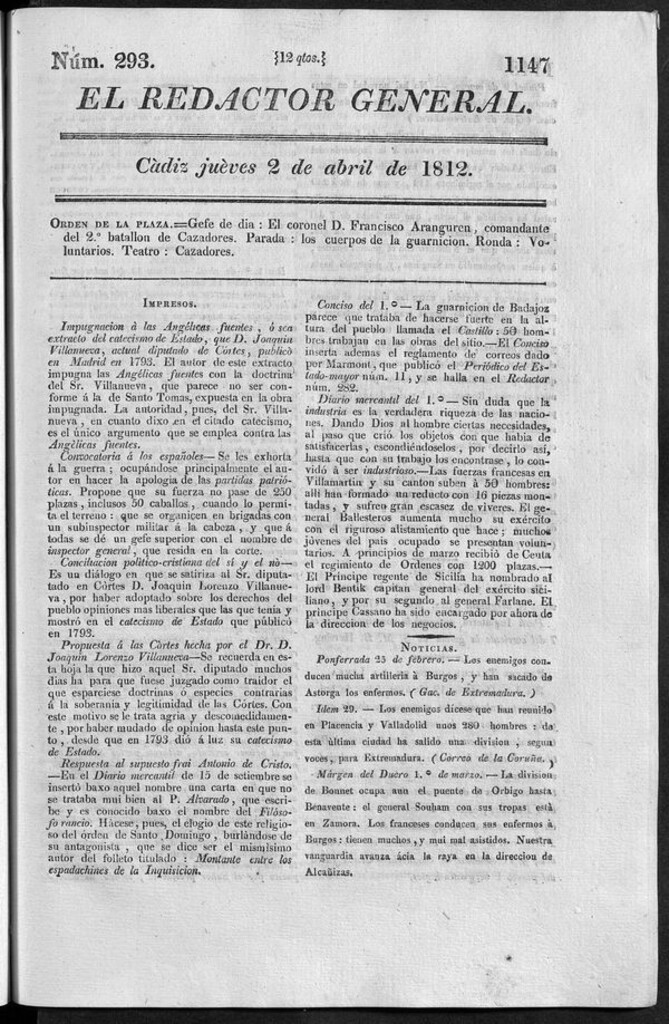 Miniatura de Redactor General del jueves 2 de abril 1812