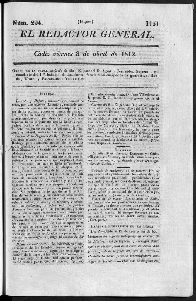 Miniatura de Redactor General del viernes 3 de abril 1812