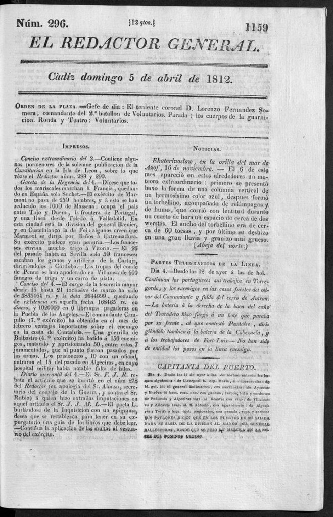 Miniatura de Redactor General del domingo 5 de abril 1812