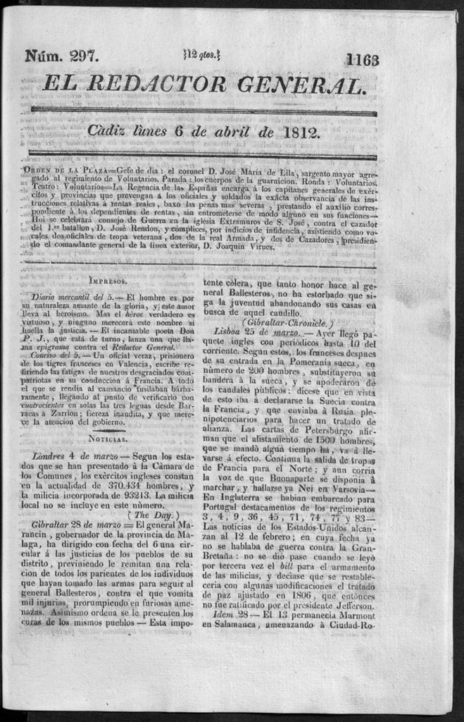 Miniatura de Redactor General del lunes 6 de abril 1812