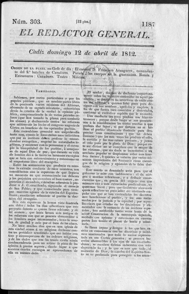 Miniatura de Redactor General del domingo 12 de abril 1812