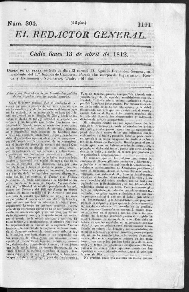 Miniatura de Redactor General del lunes 13 de abril 1812