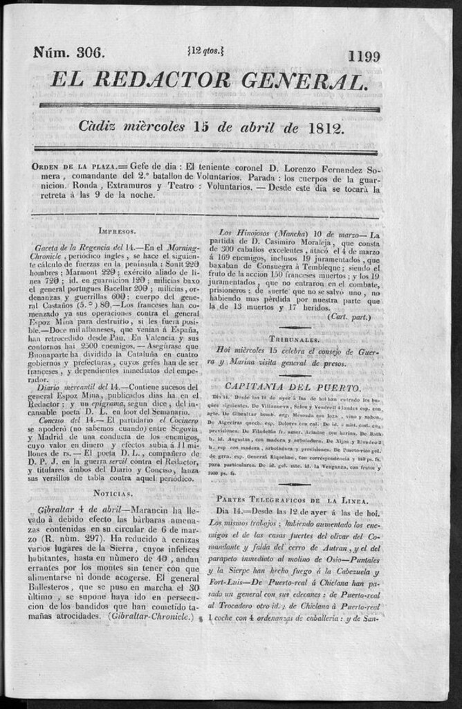 Miniatura de Redactor General del miércoles 15 de abril 1812