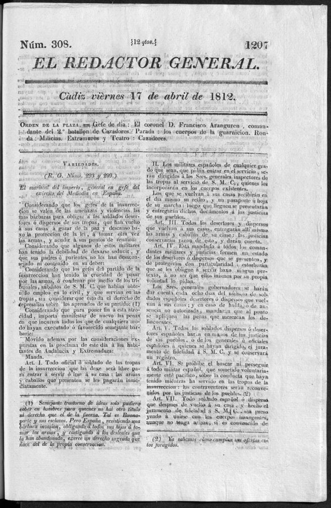 Miniatura de Redactor General del viernes 17 de abril 1812
