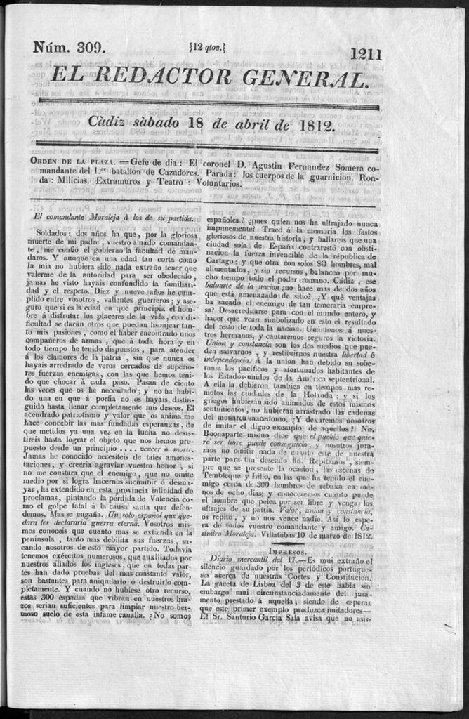 Miniatura de Redactor General del sábado 18 de abril 1812