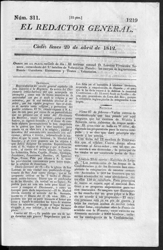 Miniatura de Redactor General del lunes 20 de abril 1812