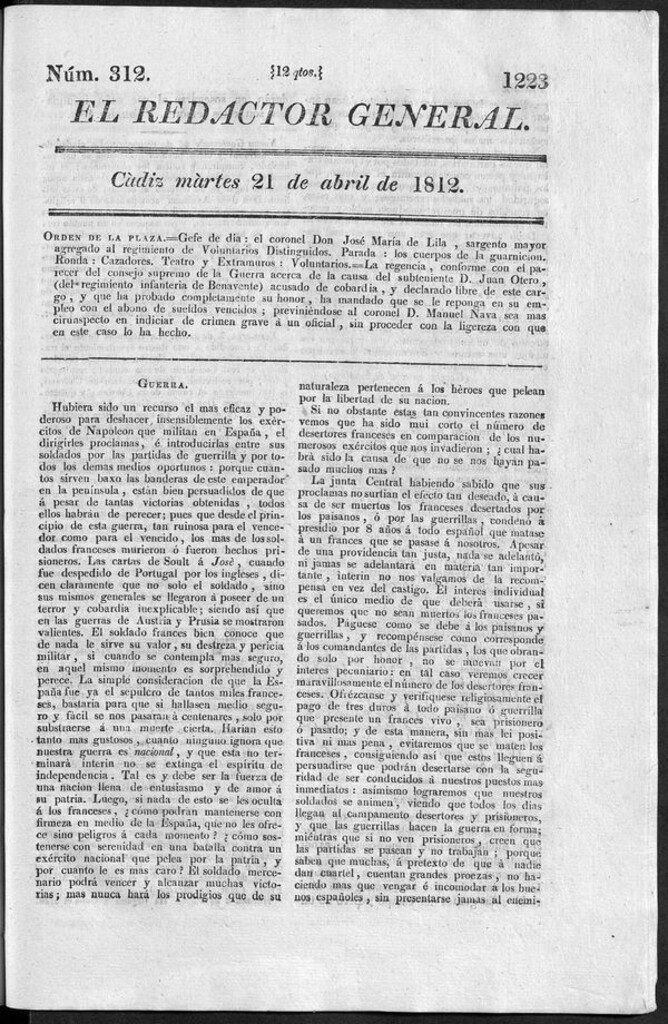 Miniatura de Redactor General del martes 21 de abril 1812