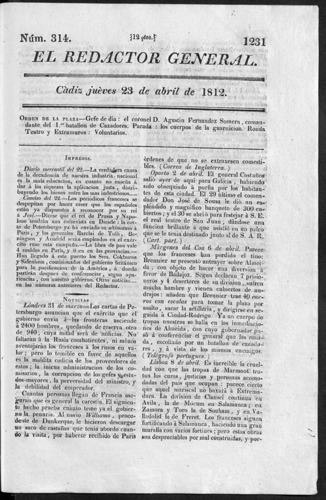Miniatura de Redactor General del jueves 23 de abril 1812
