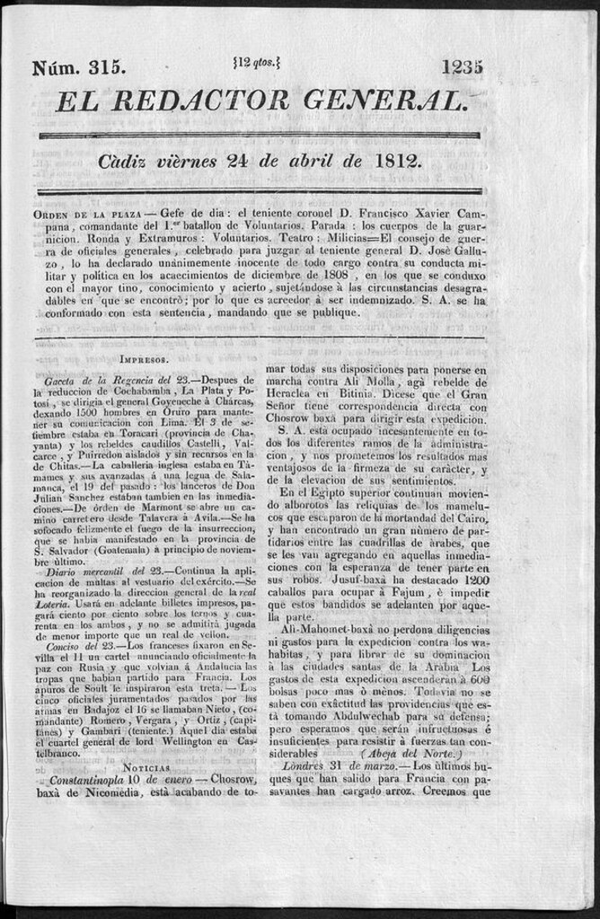 Miniatura de Redactor General del viernes 24 de abril 1812