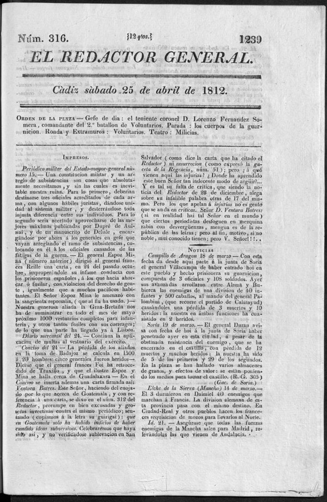 Miniatura de Redactor General del sábado 25 de abril 1812