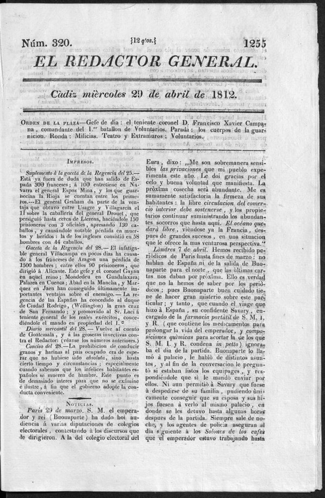 Miniatura de Redactor General del miércoles 29 de abril 1812