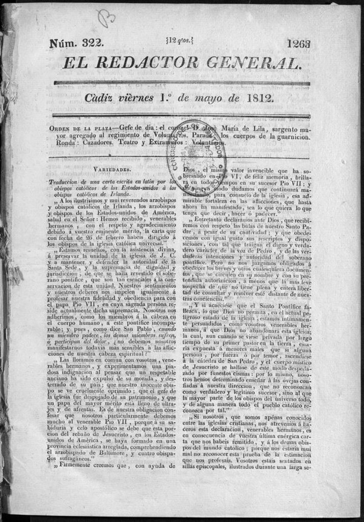 Miniatura de Redactor General del viernes 1 de mayo 1812