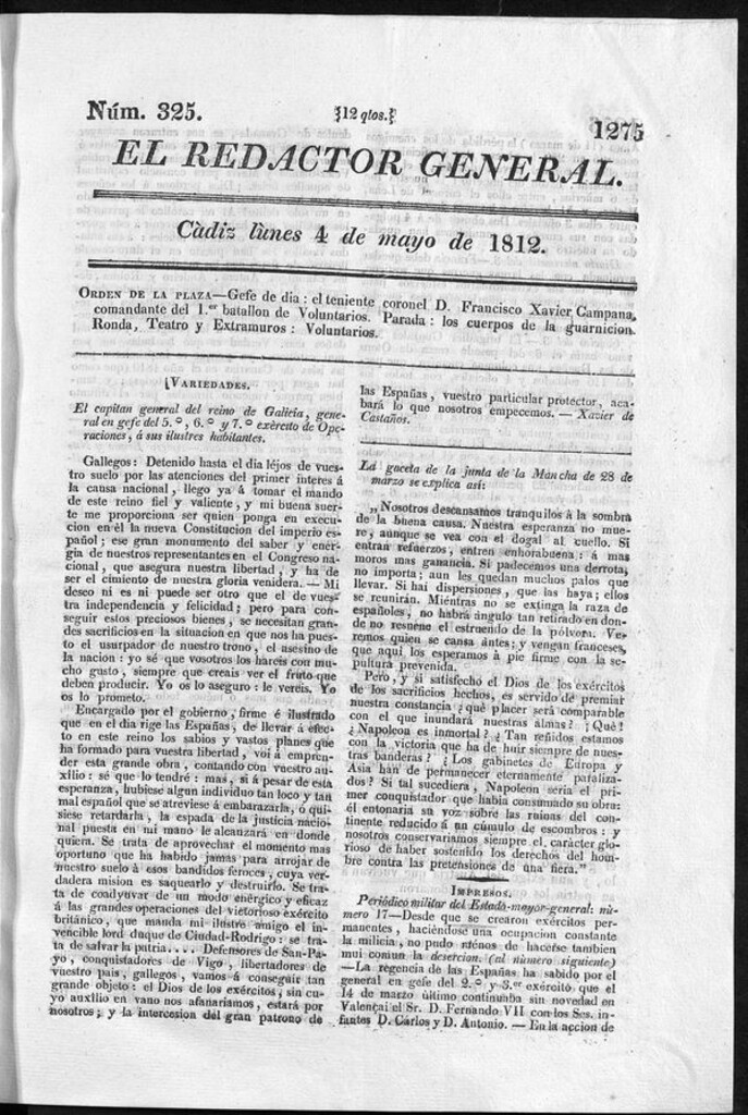 Miniatura de Redactor General del lunes 4 de mayo 1812