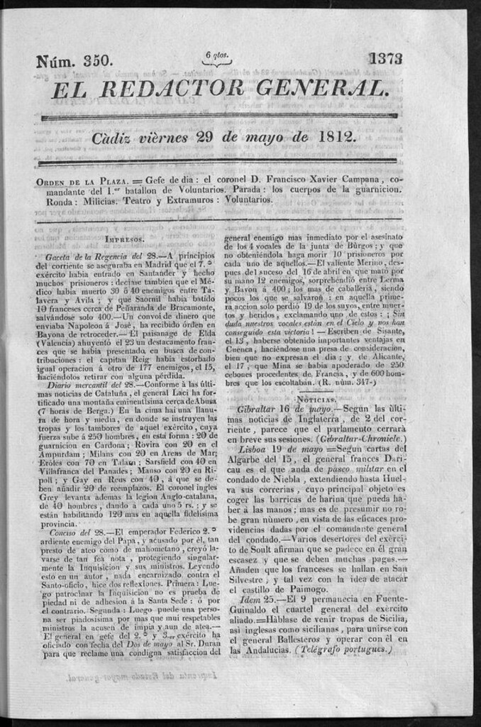 Miniatura de Redactor General del viernes 29 de mayo 1812